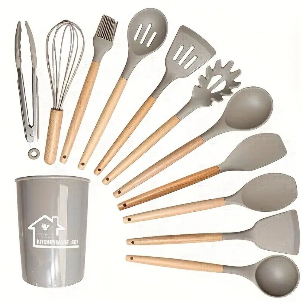 12pcs Non-Stick Silicone Kitchenware Utensil Set with Ergonomic Wooden Handle